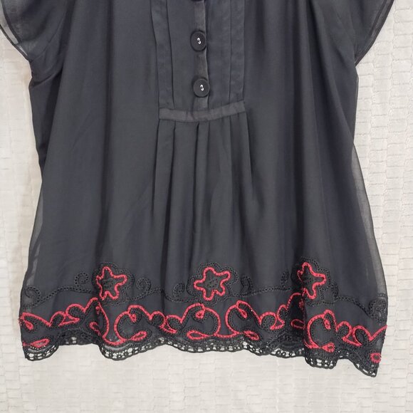 INC International Concepts Black Blouse with Red Embroidery - Picture 3 of 11